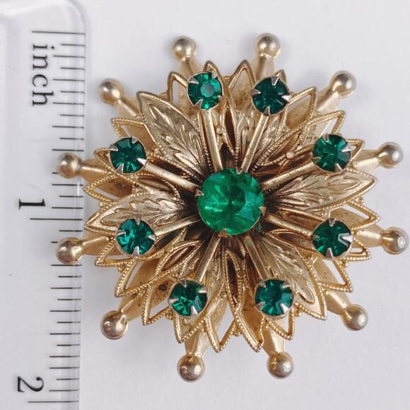 VTG Mid Century Brooch Starburst Atomic Green Rhinestone Gold Tone Pin - Picture 9 of 9